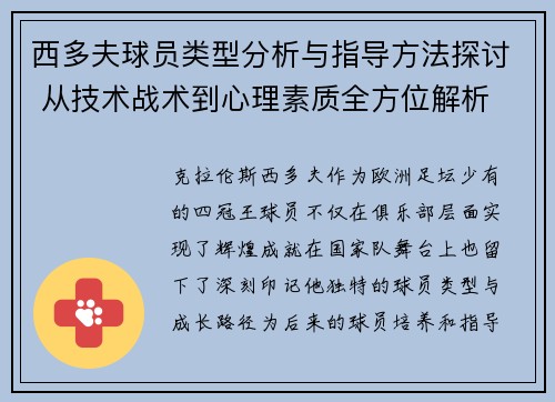 西多夫球员类型分析与指导方法探讨 从技术战术到心理素质全方位解析